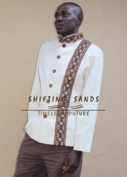 JABU - Shifting Sands traditional african linen jacket with front wooden button detail and embroidery