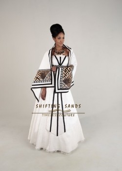 Shifting Sands Traditional African Xhosa inspired ball gown with front panel beading and african print shaw