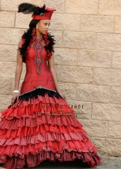 Shifting Sands Traditional African Zulu inspired red silk and shwe shwe frill wedding dress with hat