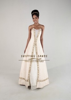 Shifting Sands Traditional African silk and organza A line wedding dress with border embroidery