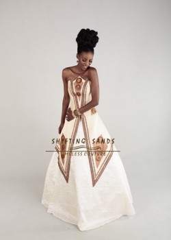 Shifting Sands Traditional African silk ball gown wedding dress with wooden beaded detail