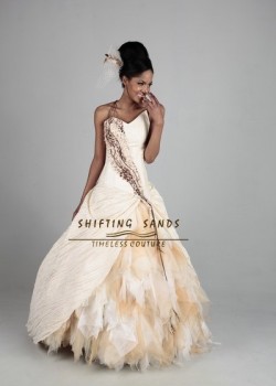 Shifting Sands Traditional African taffeta and silk ball gown wedding dress with animal print front detail