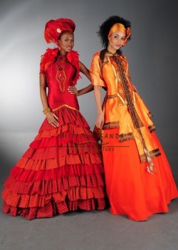 Shifting Sands Traditional African. Left - Shwe Shwe and silk frill wedding dress with beaded panel and trim. Right - Zulu inspi