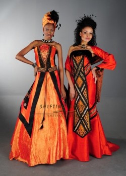 Shifting Sands Traditional African. Left - Xhosa inspired taffeta wedding dress with front panel beading. Right - Zulu inspired