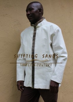 UNATHI - Shifting Sands traditional african linen lined jacket with front embroidered detail and chinese collar